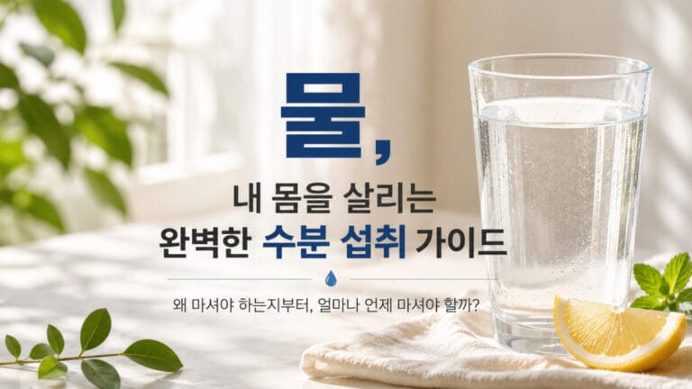 물, 내 몸을 살리는 완벽한 수분 섭취 가이드 라고 적혀있고 싱그러운 나무와 창문이 보이며 오른쪽엔 물 한컵과 레몬 한 조각이 있다.