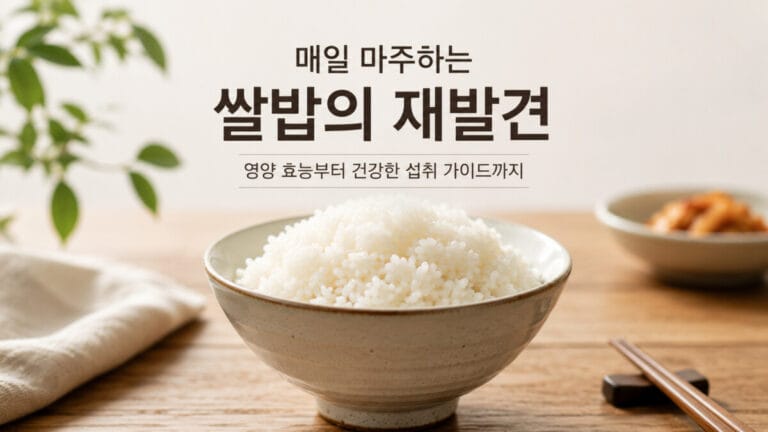 가운데 쌀밥이 담긴 그릇이 있고 그 위에 매일 마주하는 쌀밥의 재발견이라고 적혀있다.