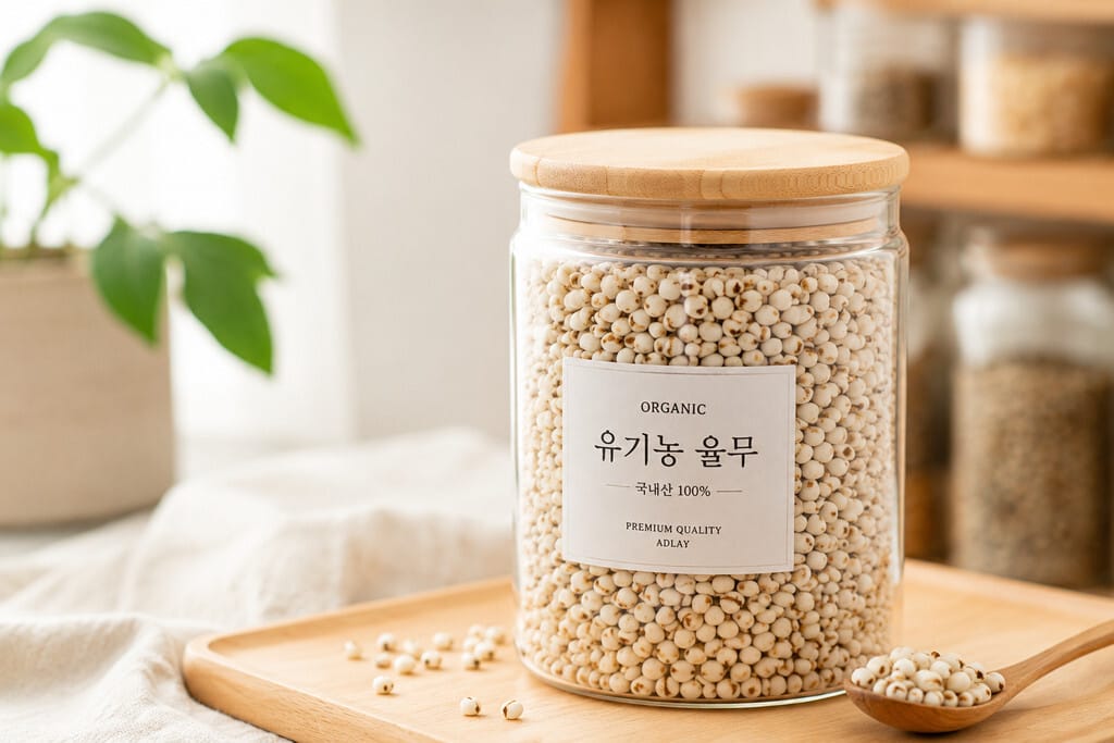 투명한 유리병에 담겨 결점 없이 고른 색상을 뽐내는 율무 알곡과 성분 라벨.