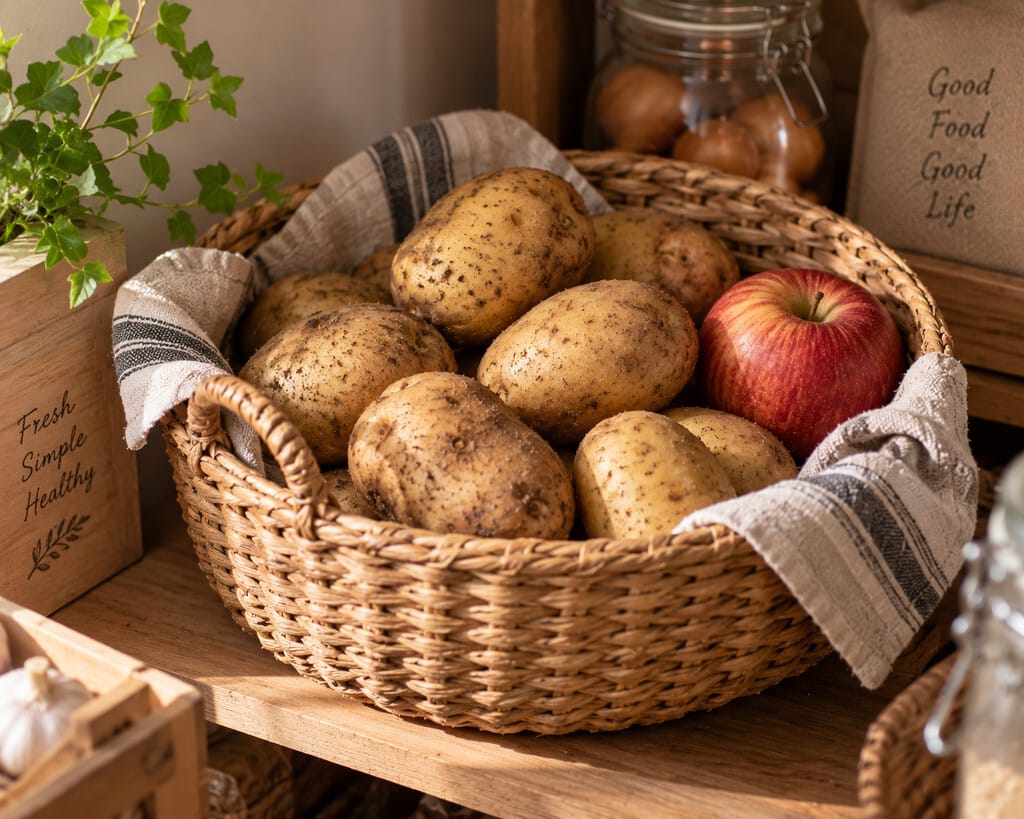 갈색 크라프트 종이와 황마 천이 깔린 통풍 바구니 안에 붉은 사과 한 알과 함께 신선하게 보관된 감자들.